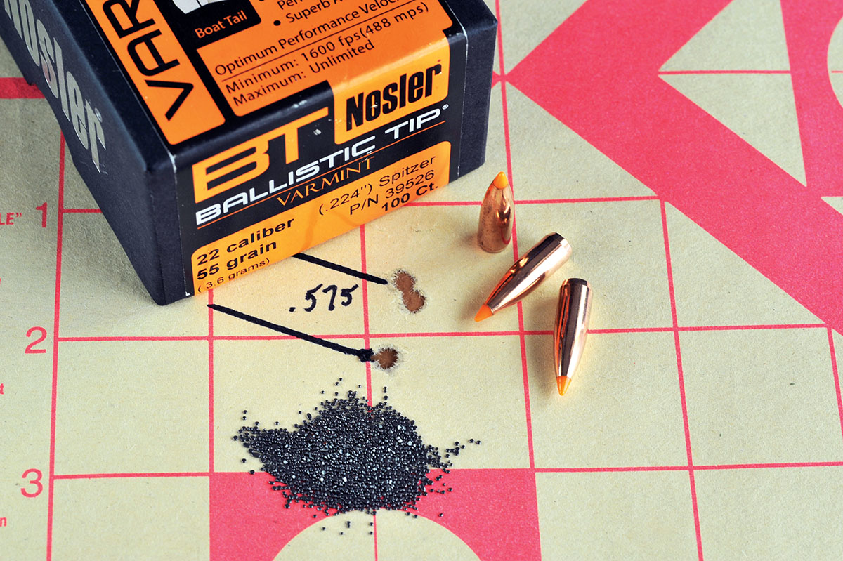 The best group of the session was this .575 inch example with 33.5 grains of BL-C(2) powder and the Nosler Ballistic Tip Varmint bullet.